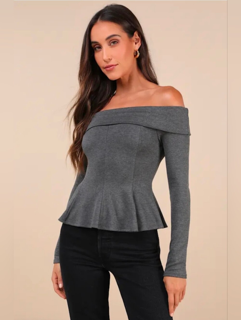 NWT Lulu's Flattering Pick Dark Grey Off-the-Shoulder Long Sleeve Top Size S
